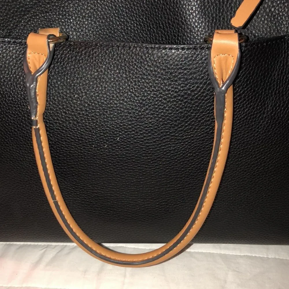 nanette lepore Darryl Color Block Black Camel Ivory Faux Leather Satchel
